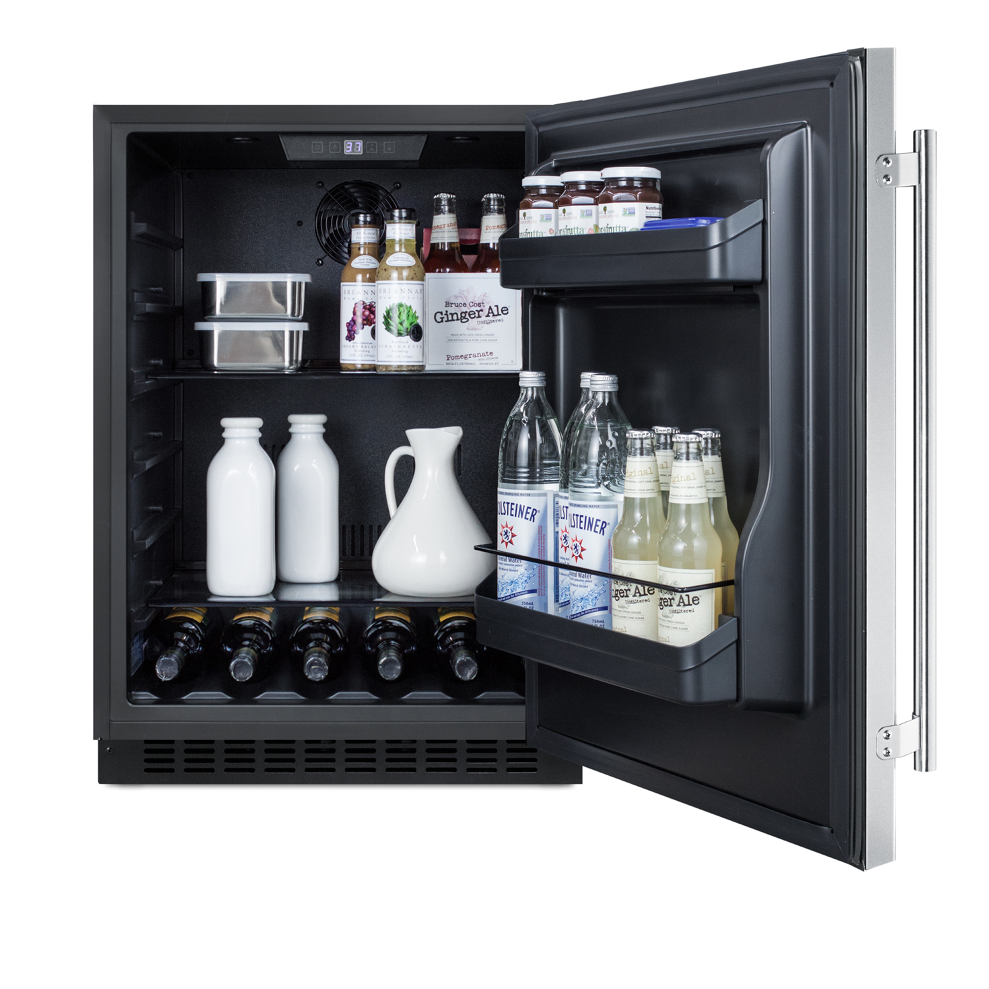 Built-in undercounter ADA compliant all-refrigerator with stainless steel door, black cabinet, door storage, lock, and digital controls